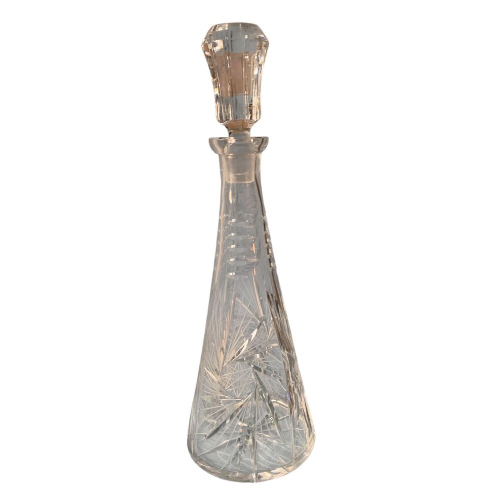 GLASS CRYSTAL Etched Cut to Clear Decanter Bottle with Stopper Top 14”